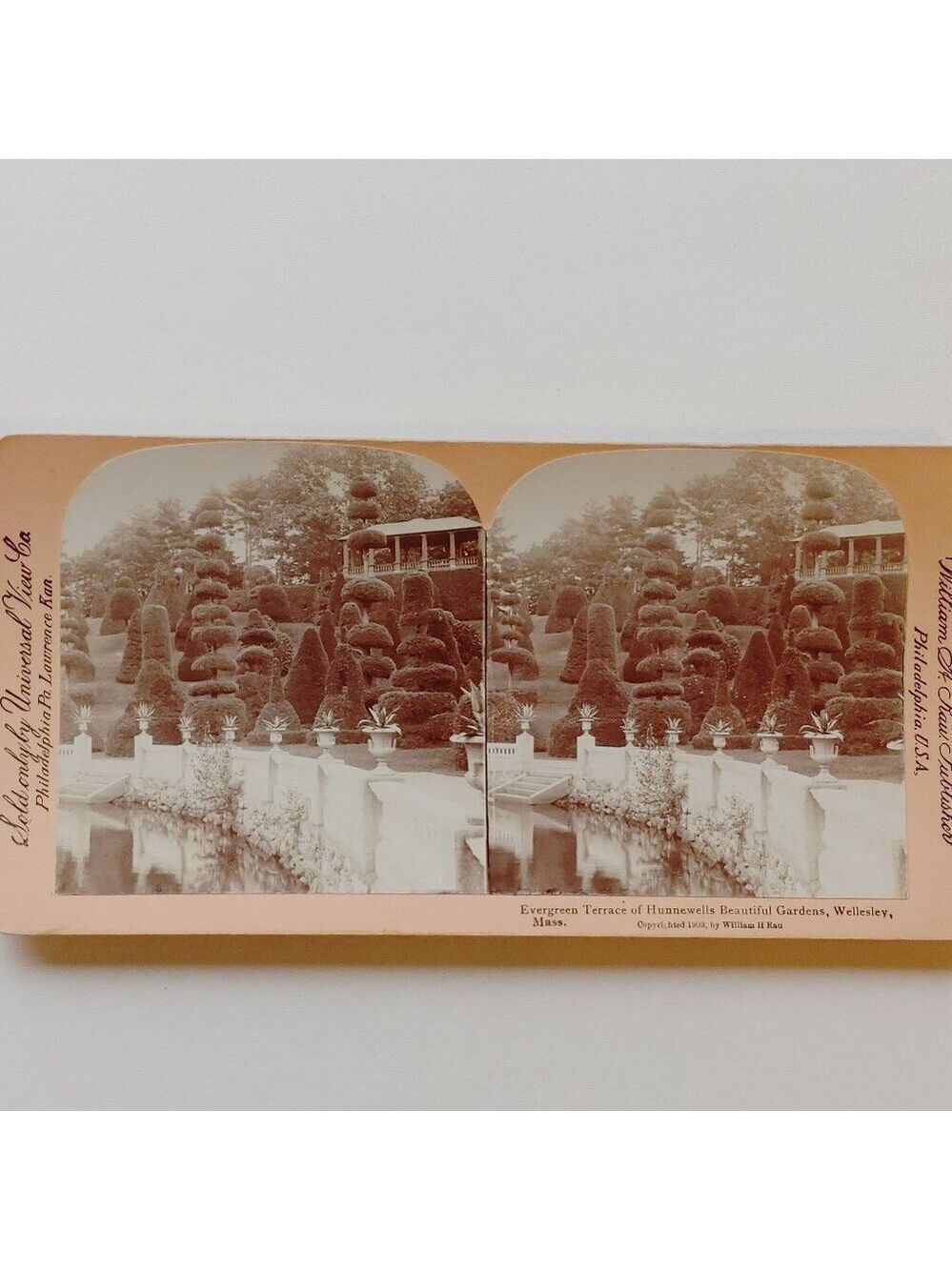 ANTIQUE Stereograph Card Evergreen terrace of Hunnewell's beautiful gardens, Wel